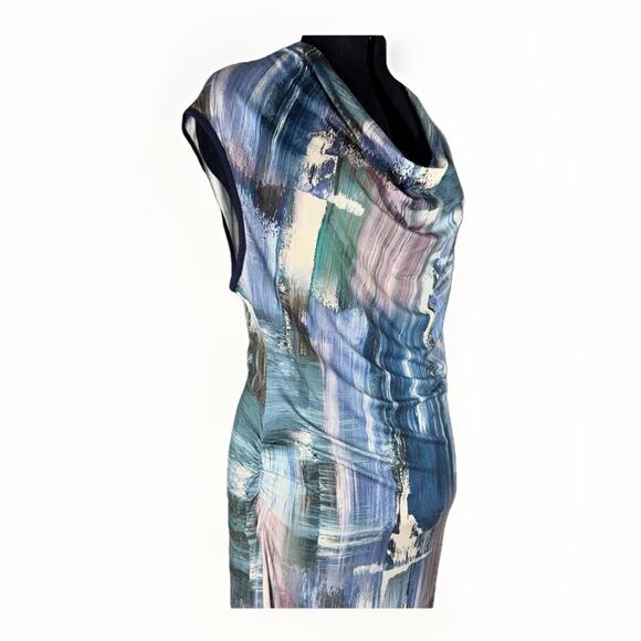 Anni Kuan Medium Ocean Jersey Dress Medium Abstract Art Draped Cowl Sleeveless - Picture 4 of 10